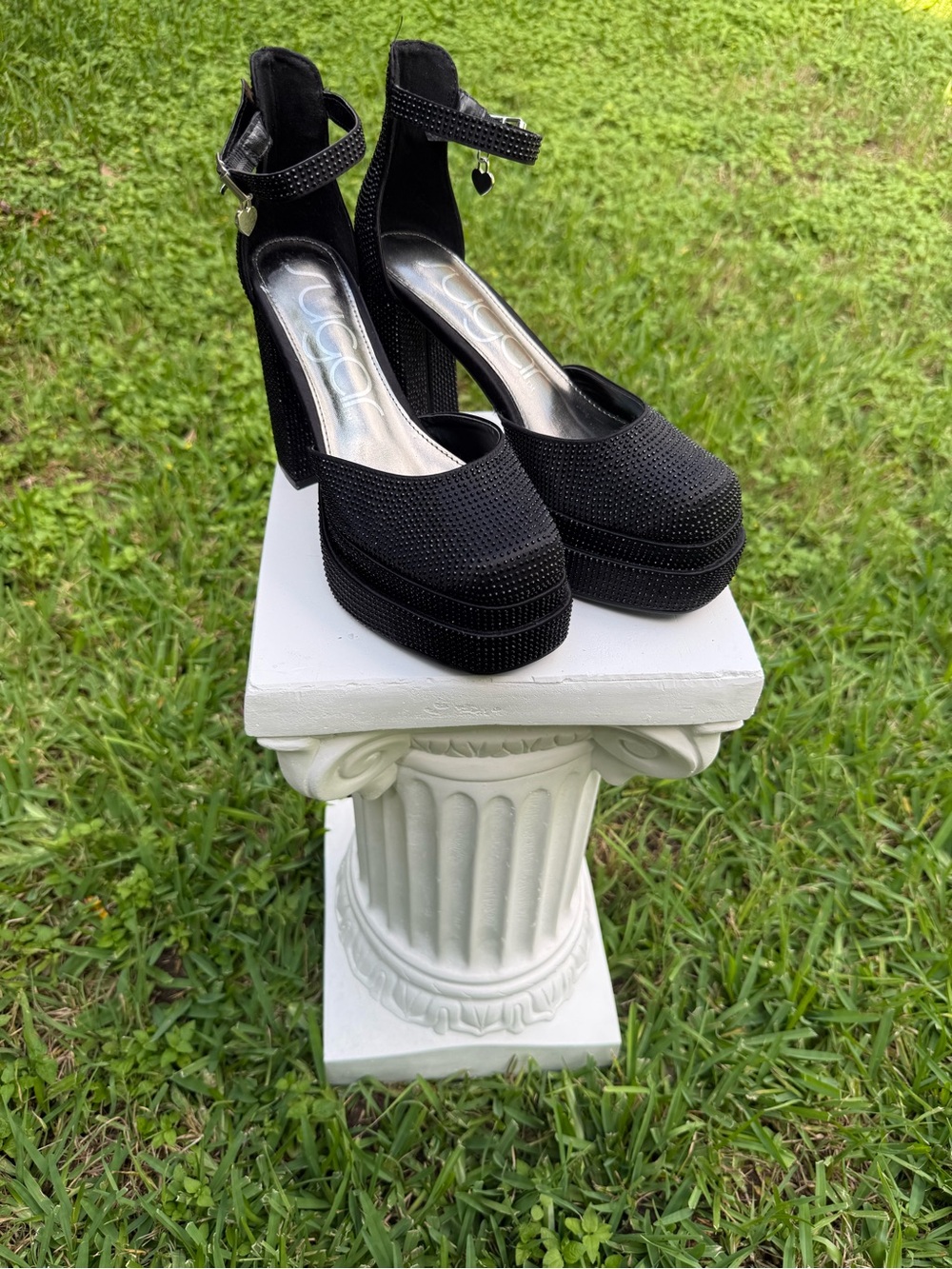 Sugar Black Platform Ankle-Strap Heels with Heart Charm